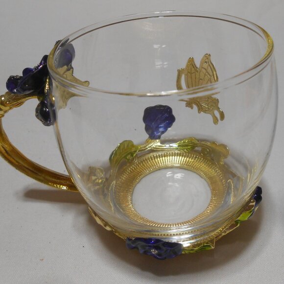 BEAUTIFUL GLASS ARC OF FRANCE DECORATIVE BUTTERFLY CUP MUG BLUE ROSE CLEAR STONE - Picture 9 of 9